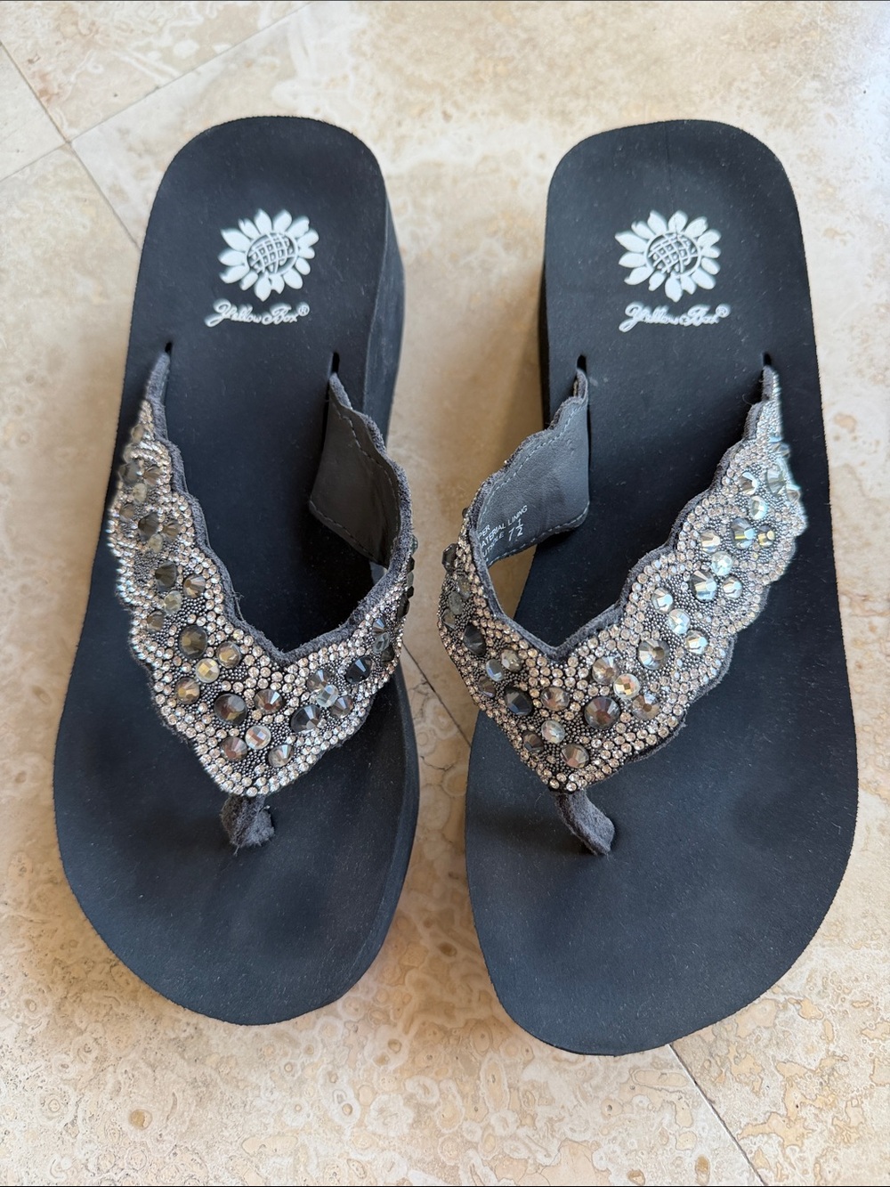 Beaded Black Wedge Sandal Flip-Flops with Sparkling Embellishments